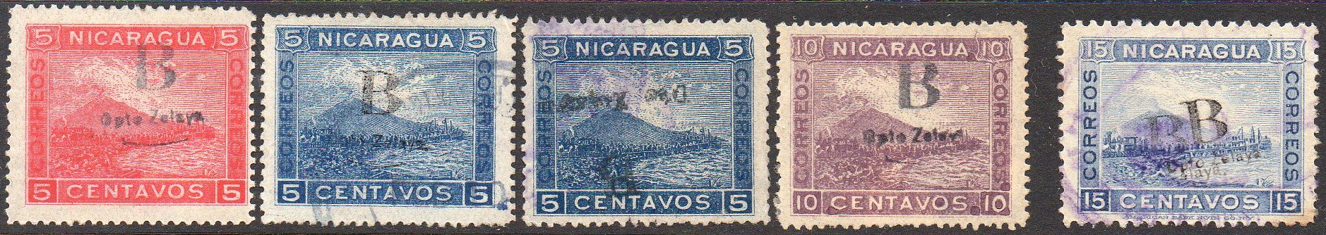 timbres-poste sellos postales stamps Nicaragua Momotombo Zelaya Bluefields Volcano & Train